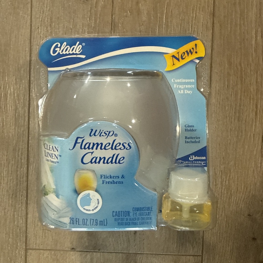 2007 Rare Glade Wisp Flameless Candle Clean Linen Scent Glass Holder NEW!! Nos